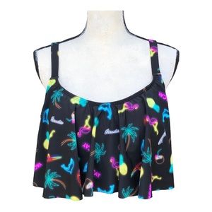 Torrid Flirt Swim Collection Black Neon lights Flounce Tropical Bikini Top siz 2